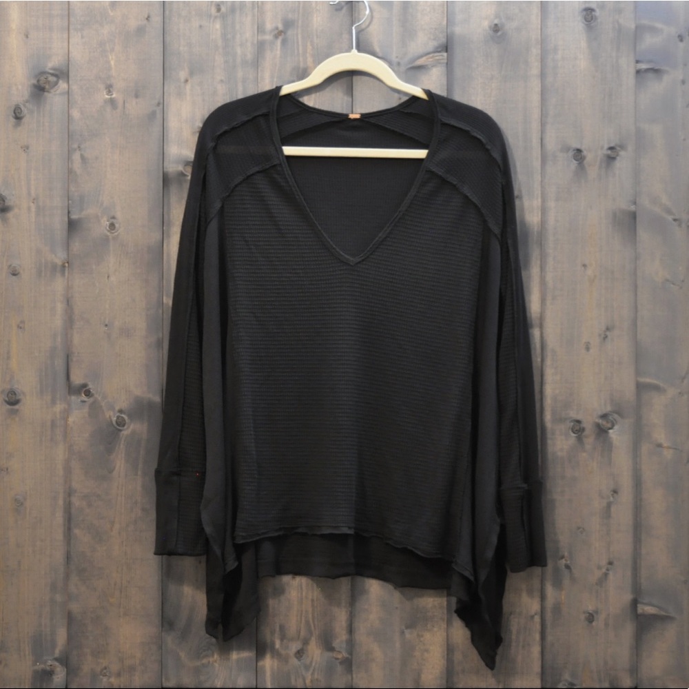 Free People V Neck Thermal Raw Edge Sweater Top S
